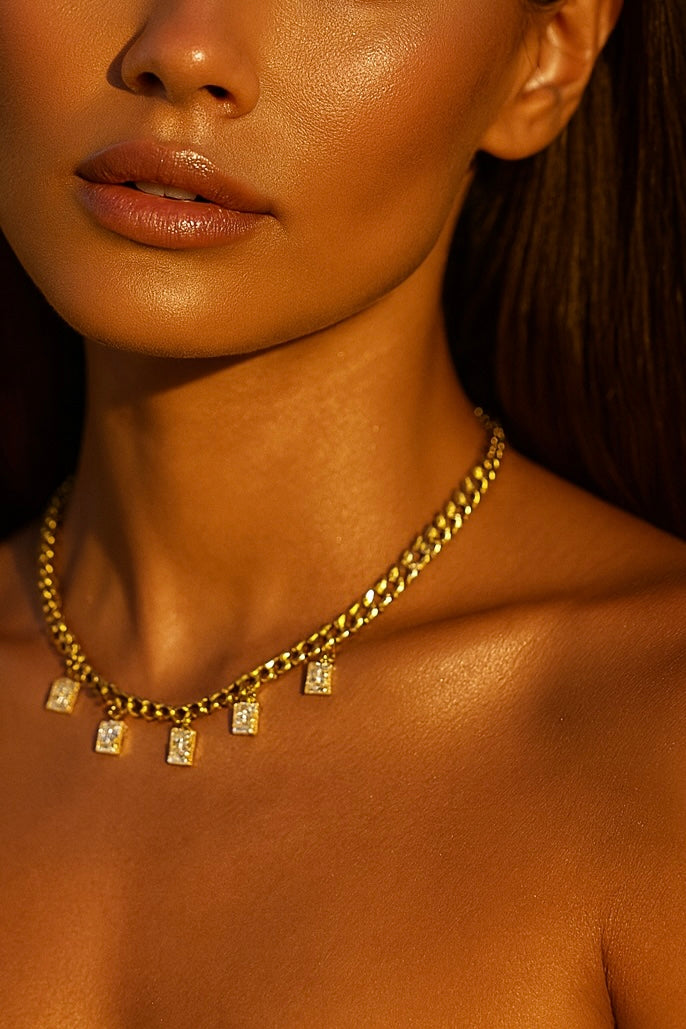 Gold Chain Necklace with Crystal Charms