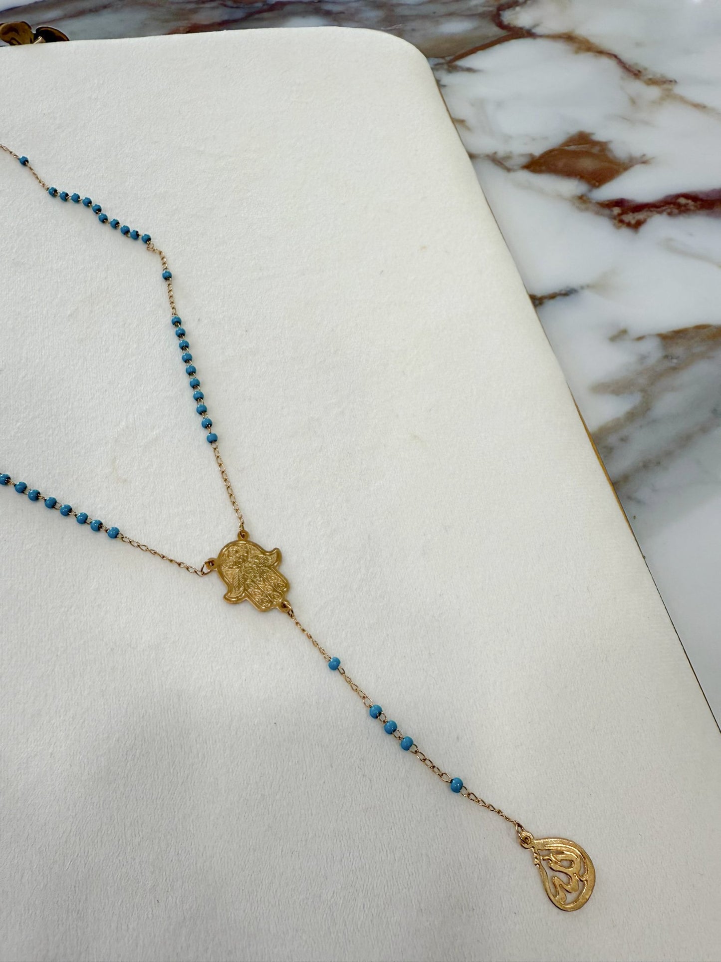 Gold Hamsa & Turquoise Beaded Necklace