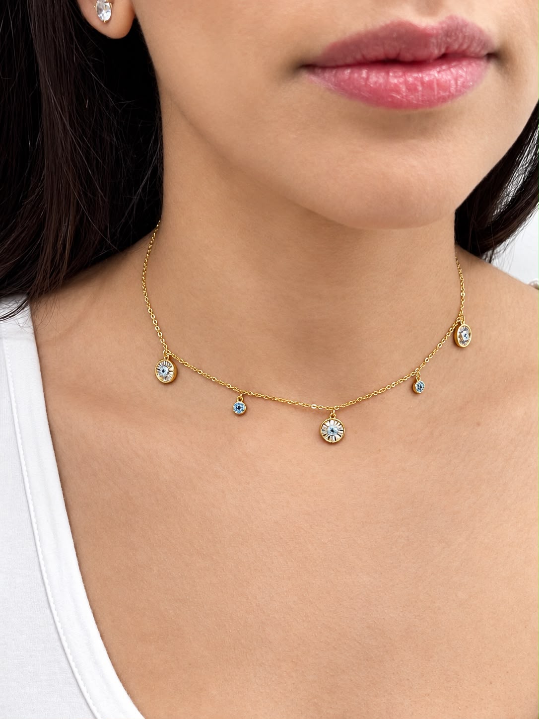 Gold Necklace with Turquoise Round Charms