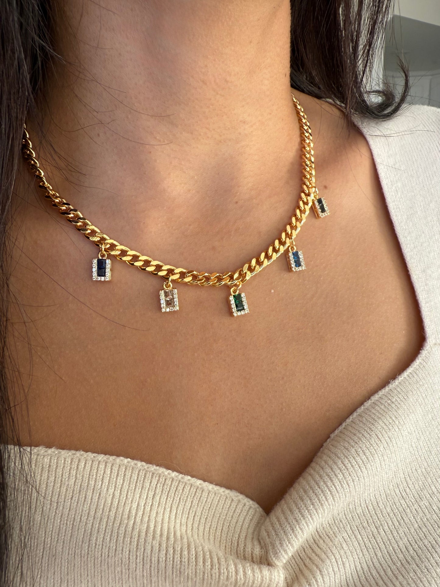 Gold Chain Necklace with Multicolor Crystal Charms