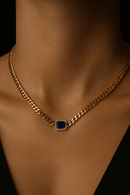Gold Chain Necklace with Sapphire Blue Pendant