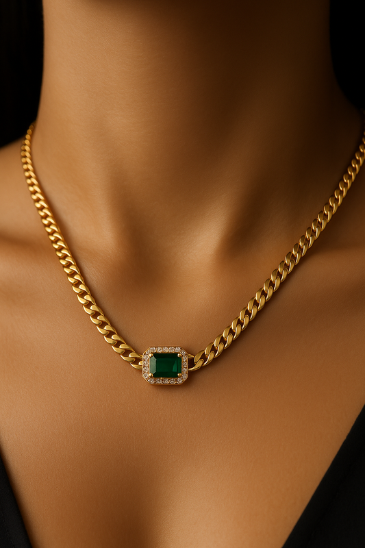 Gold Chain Necklace with Sapphire Green Pendant