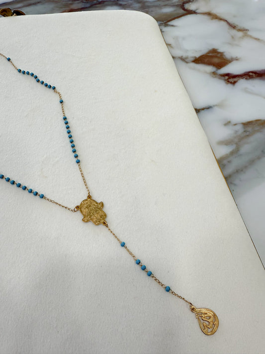 Gold Hamsa & Turquoise Beaded Necklace