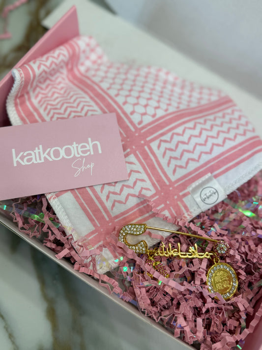 Pink Keffiyeh Baby Bib Gift Set with Gold Pin