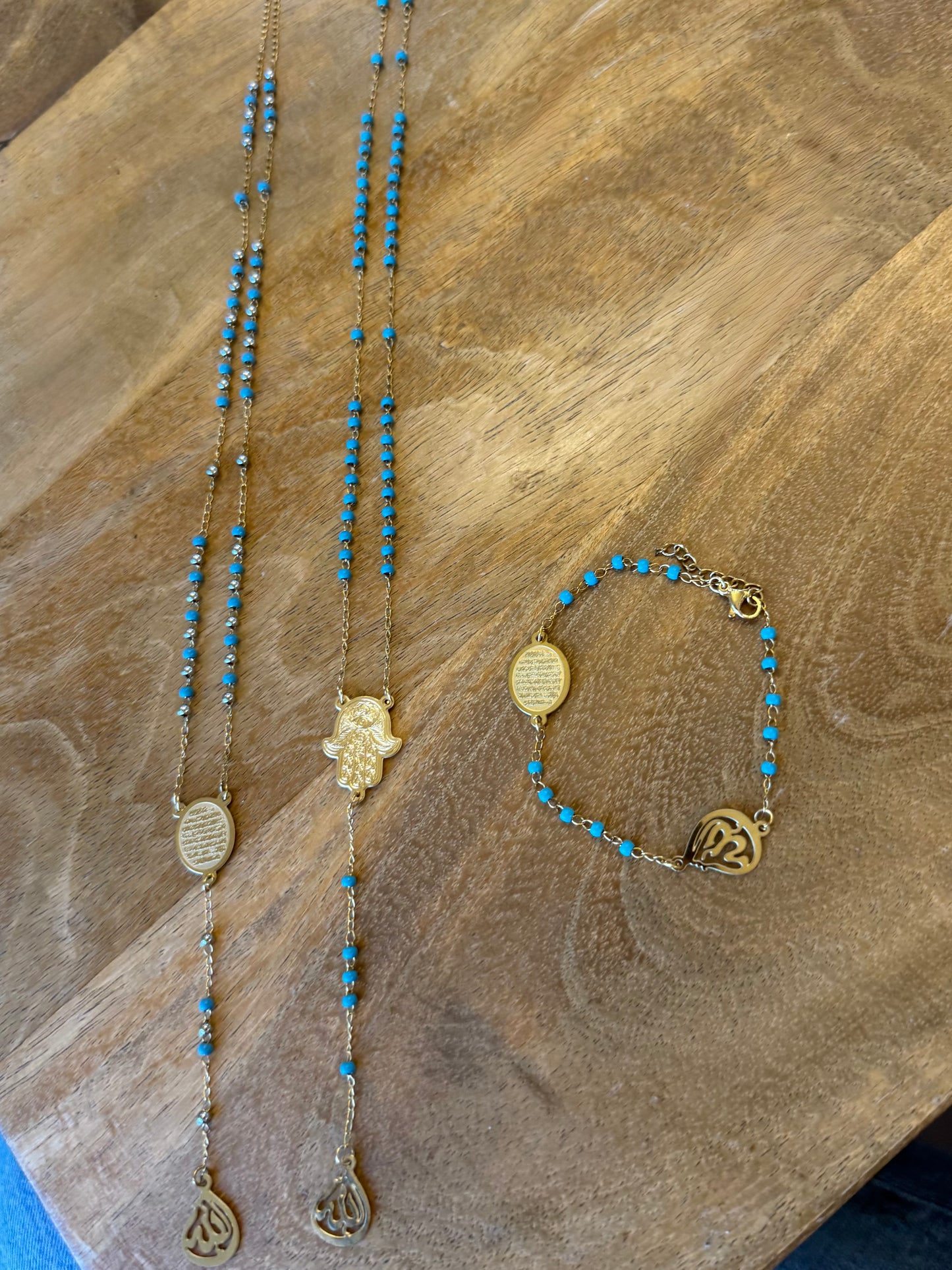 Ayatul Kursi Turquoise Beaded Allah Y-Necklace