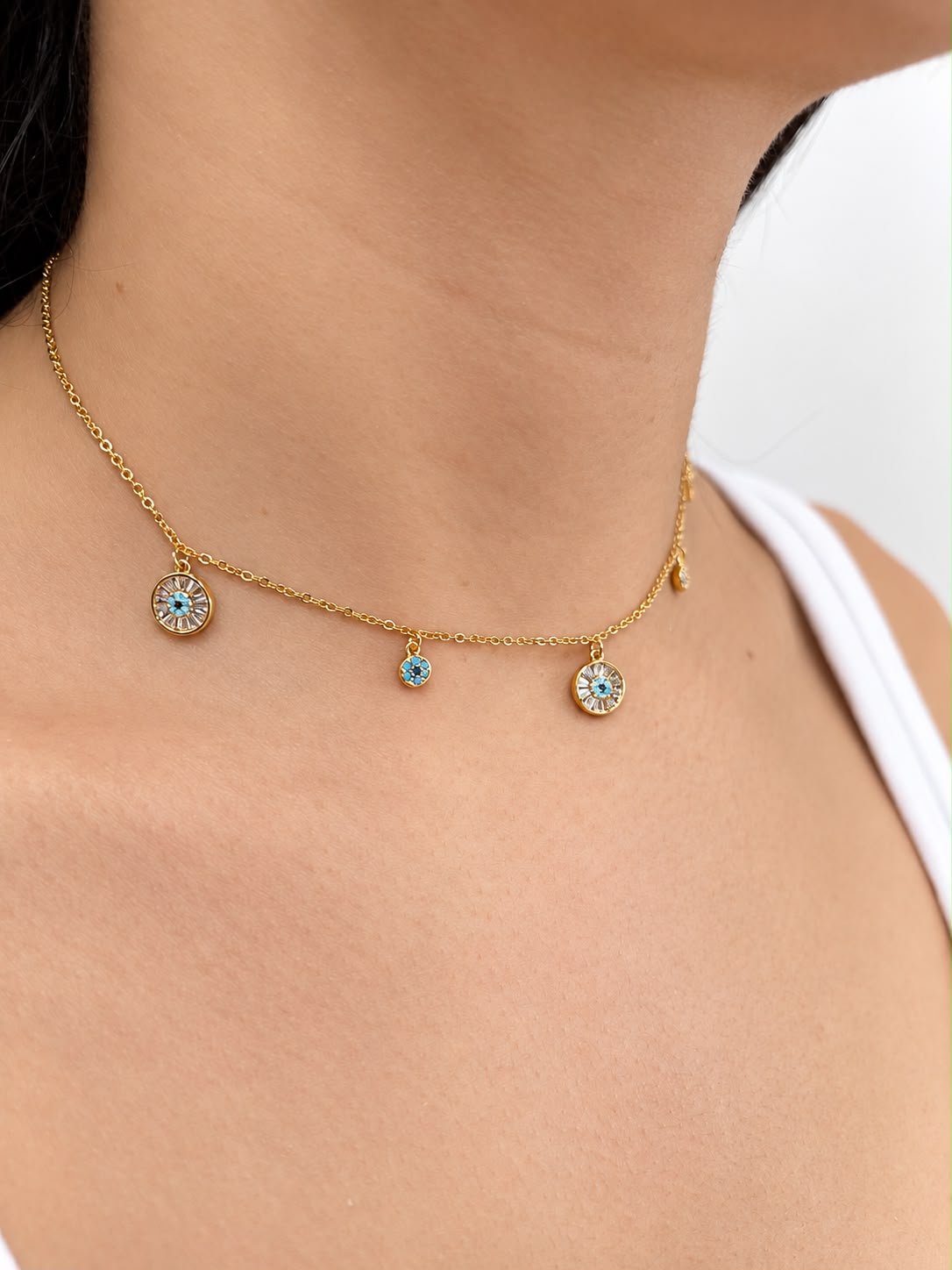 Gold Necklace with Turquoise Round Charms