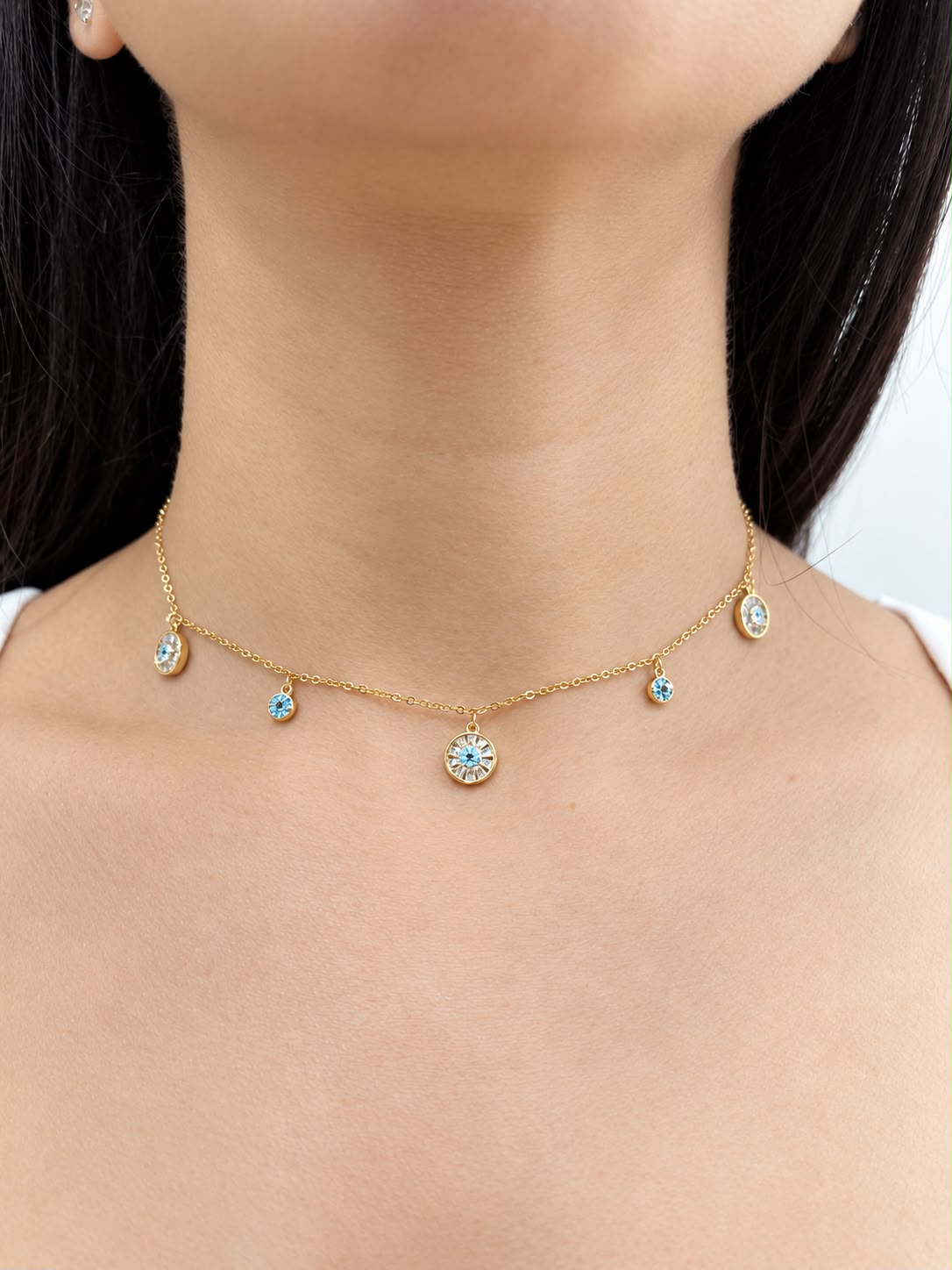 Gold Necklace with Turquoise Round Charms