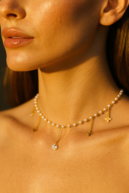 Pearl & Gold Charm Choker – Adjustable 16" Crystal Drop Necklace