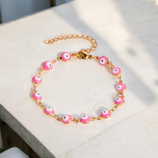 Pink Evil Eye Beaded Bracelet - 14k Gold Plated